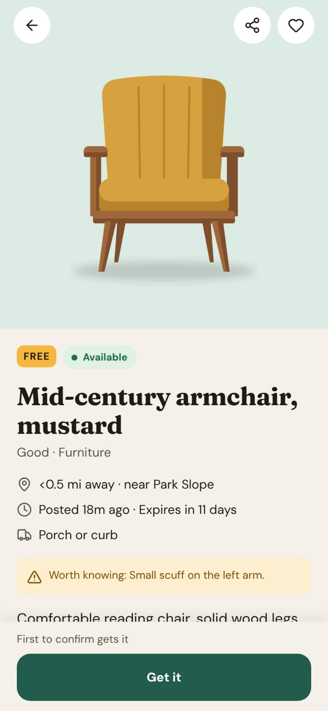 A listing with its status, distance and pickup options