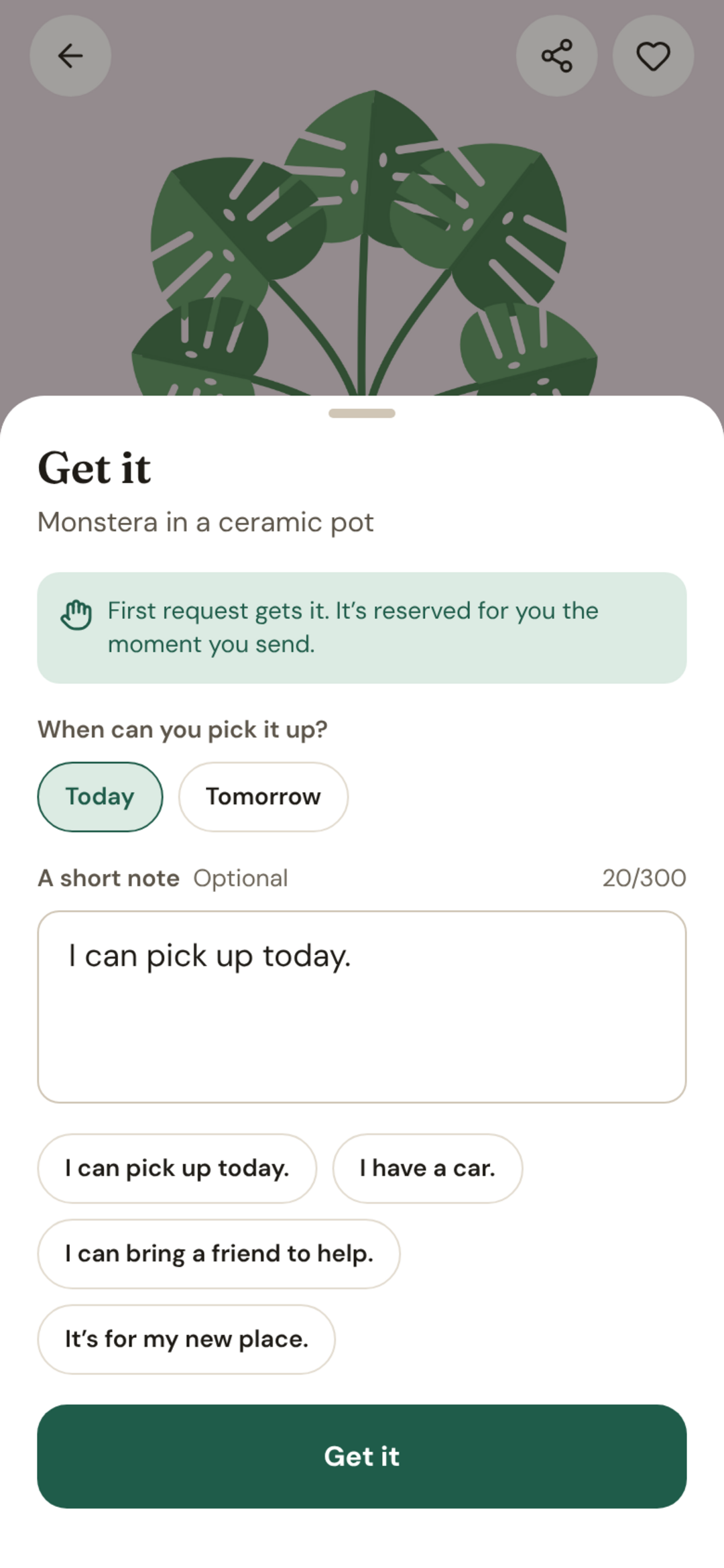 Asking for an item: choose a pickup time and add a note